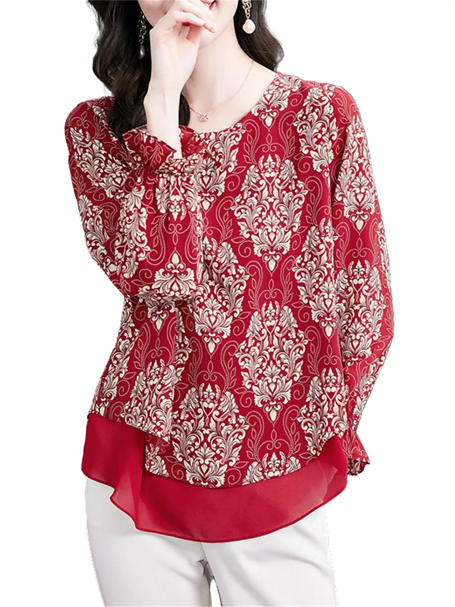 

4XL Loose Women Spring Summer Blouses Shirts Lady Fashion Casual Long Sleeve O-Neck Colla Red Printing Blusas Tops WY0679