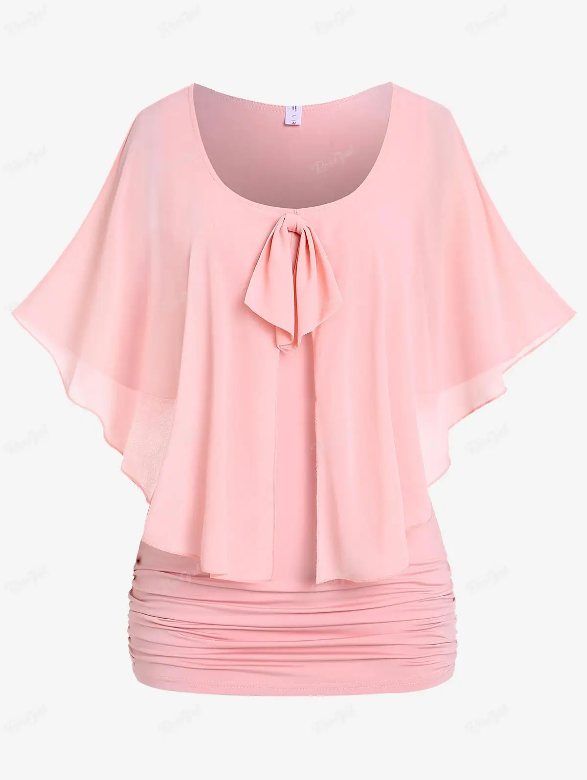 

ROSEGAL Plus Size Mesh Overlay Bowknot Capelet T-shirt 2023 Fashion Half Sleeves Top Women Light Pink Streetwear Tunic Tees 4XL