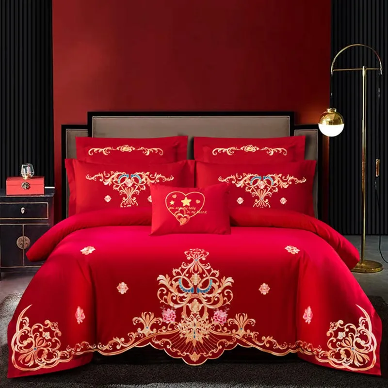 

400TC Brushed Cotton Red Duvet Cover Set Flower Embroidered Blossom Elegant Double Queen King 4Pcs Bedding Bed Sheet Pillowcases