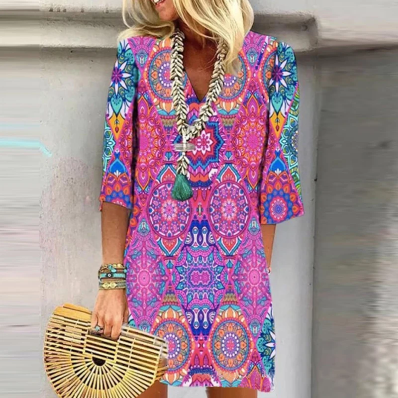 Women Bohe Pattern Print Vintage Dresses Office Fashion V-neck Pullover Party Dress Casual Lady Loose Straight Short Dress 2023
Women Bohe Pattern Print Vintage Dresses Office Fashion V-neck Pullover Party Dress Casual Lady Loose Straight Short Dress 2023