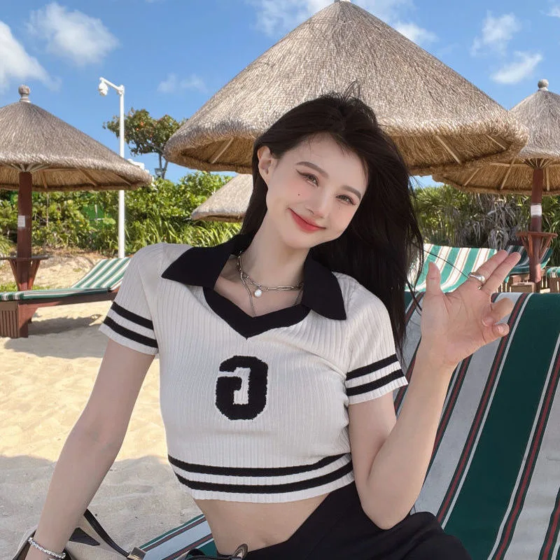 American college style short T-shirt top women's 2022 summer new outer wear tight short-sleeved knitted sweater POLO collar
American college style short T-shirt top women's 2022 summer new outer wear tight short-sleeved knitted sweater POLO collar