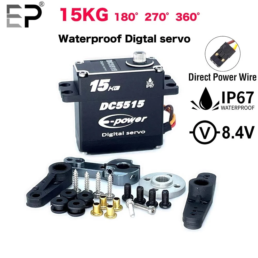EP Waterproof Servo DC5515 15kg 180°/270°/360° Full Aluminum Case Metal Gear High Torque for 1/8 1/10 1/12 RC Car/Robot/Boat DIY
EP Waterproof Servo DC5515 15kg 180°/270°/360° Full Aluminum Case Metal Gear High Torque for 1/8 1/10 1/12 RC Car/Robot/Boat DIY