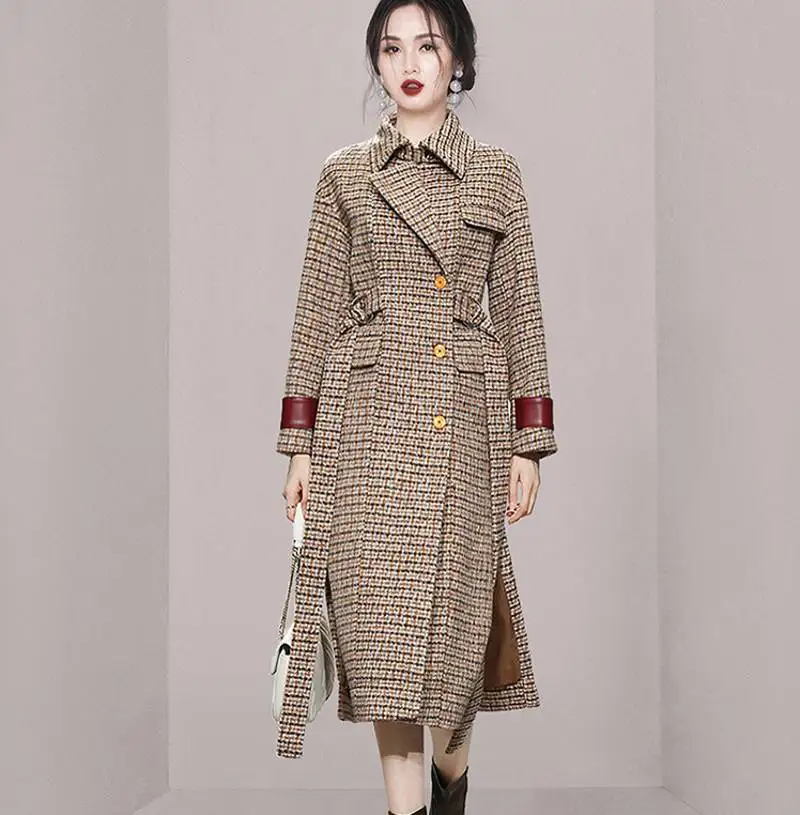 

Autumn Winter Fashion Elegant Temperament Women Lapel Elegant Retro British Style Patterned Woolen Coat Vestidos