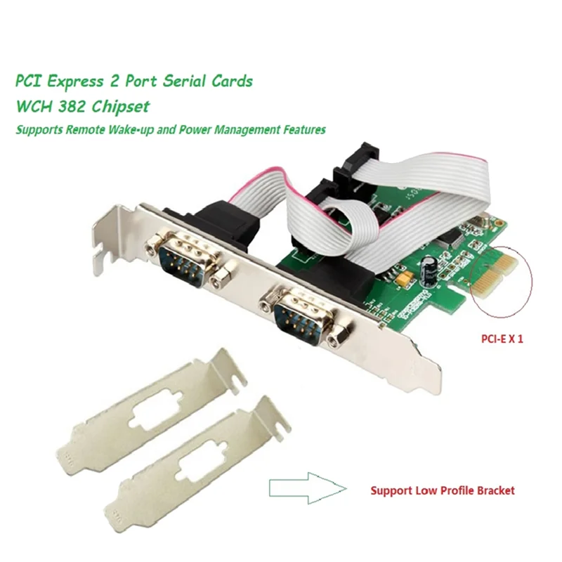 

PCI Express 2 Ports Serial Card RS232 Com Db9 Controller Card PCI-E 1.0 x 1 WCH382 Chip with Low Profile Bracket