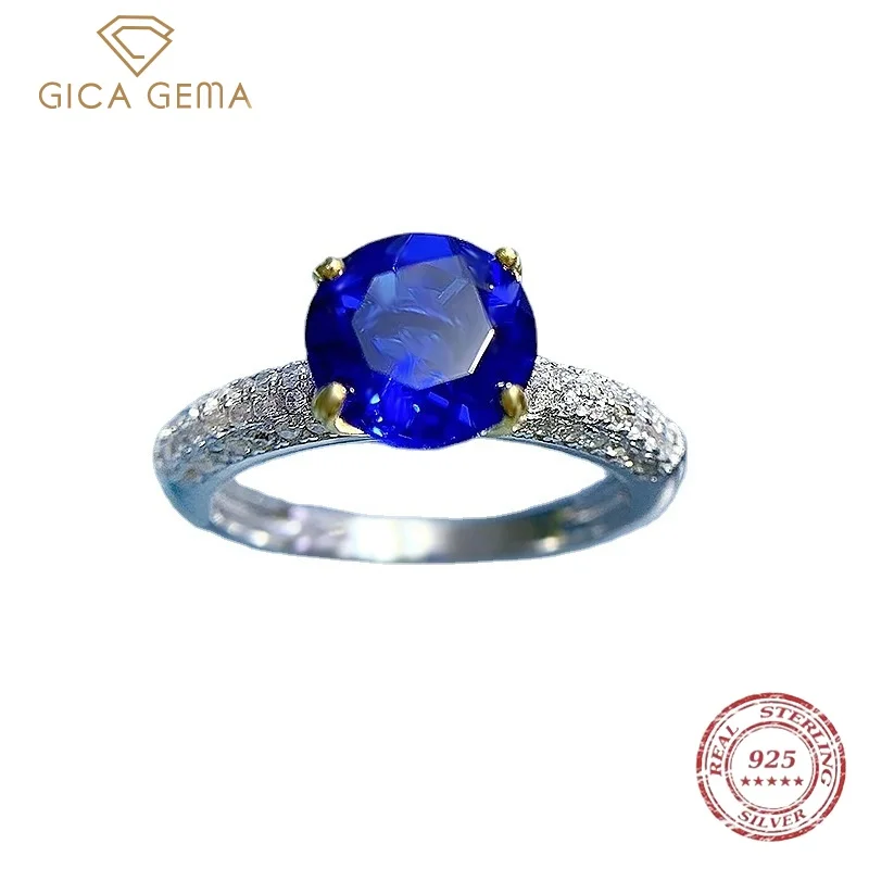 

Gica Gema 100% 925 пробы Серебряное кольцо с круглым сапфиром с бриллиантами из высокоуглеродистого камня темно-синего цвета обручальное кольцо ювелирные изделия