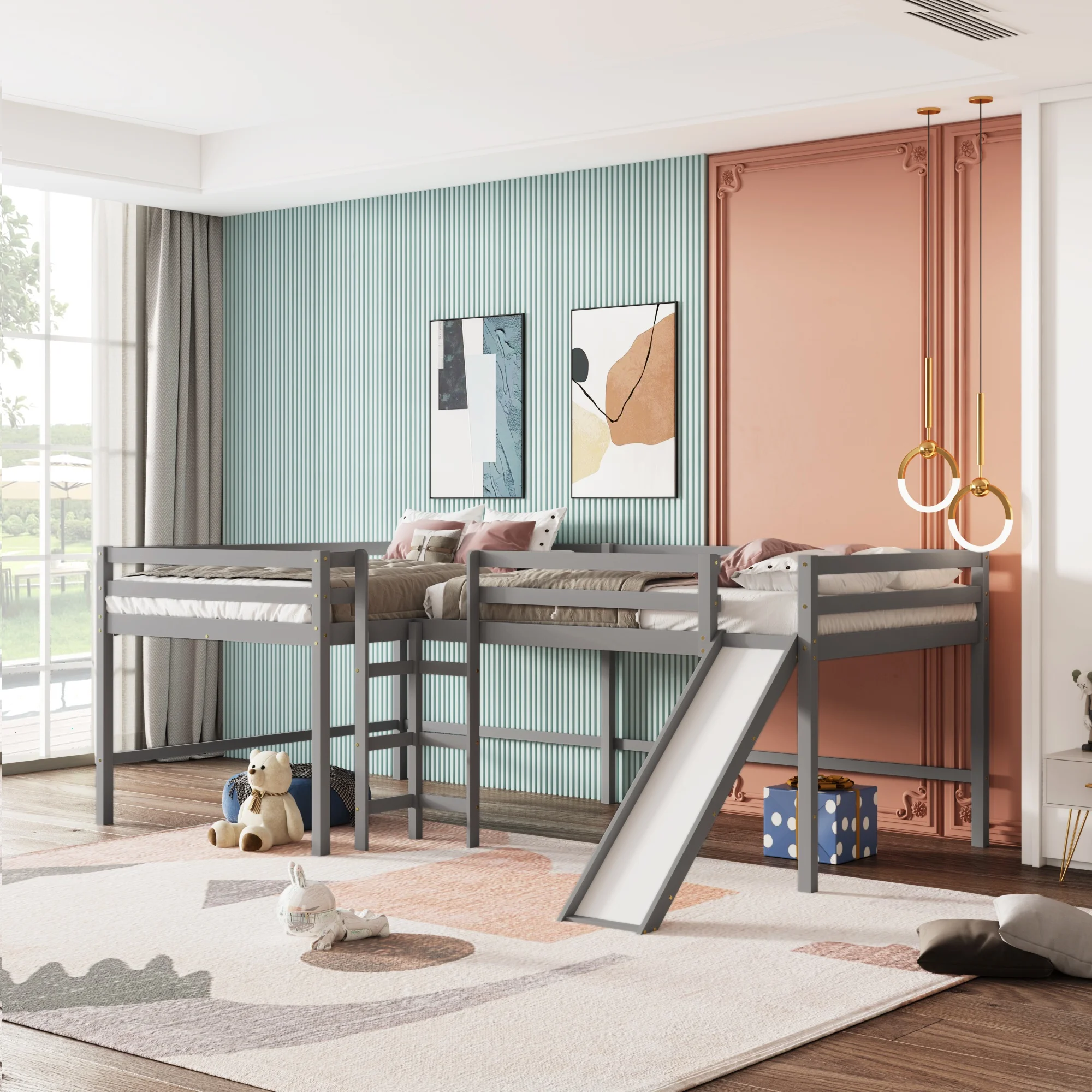 Home Modern Bedroom Furniture Beds Frames Bases Full Size L-shaped Loft Bed With Built-in Ladders Slide Wooden Loft Beds Gray
Home Modern Bedroom Furniture Beds Frames Bases Full Size L-shaped Loft Bed With Built-in Ladders Slide Wooden Loft Beds Gray