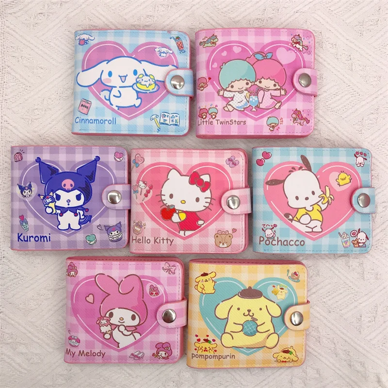 

Kawaii Sanrio Hello Kitty Kuromi Mymelody Cinnamoroll Pochacco Onpompurin Pu Wallet Button Card Holder Christmas Gift For Girls