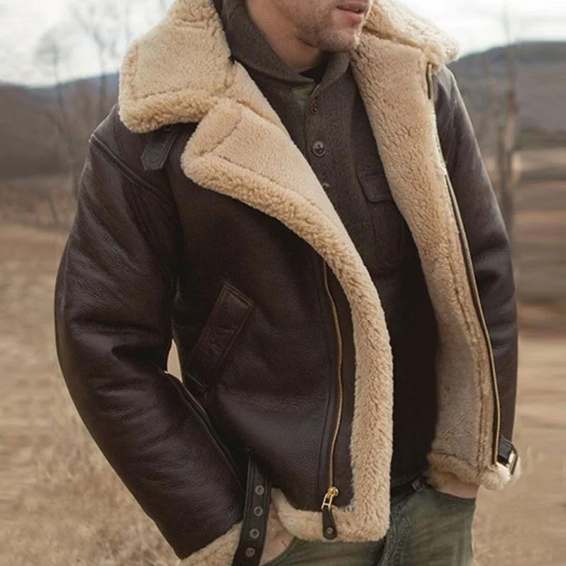 

Men's Faux Leather Classic Brown Black Bomber Jacket Winter Shearling Sheepskin Coat Men's Leather Biker Jacket Large Size