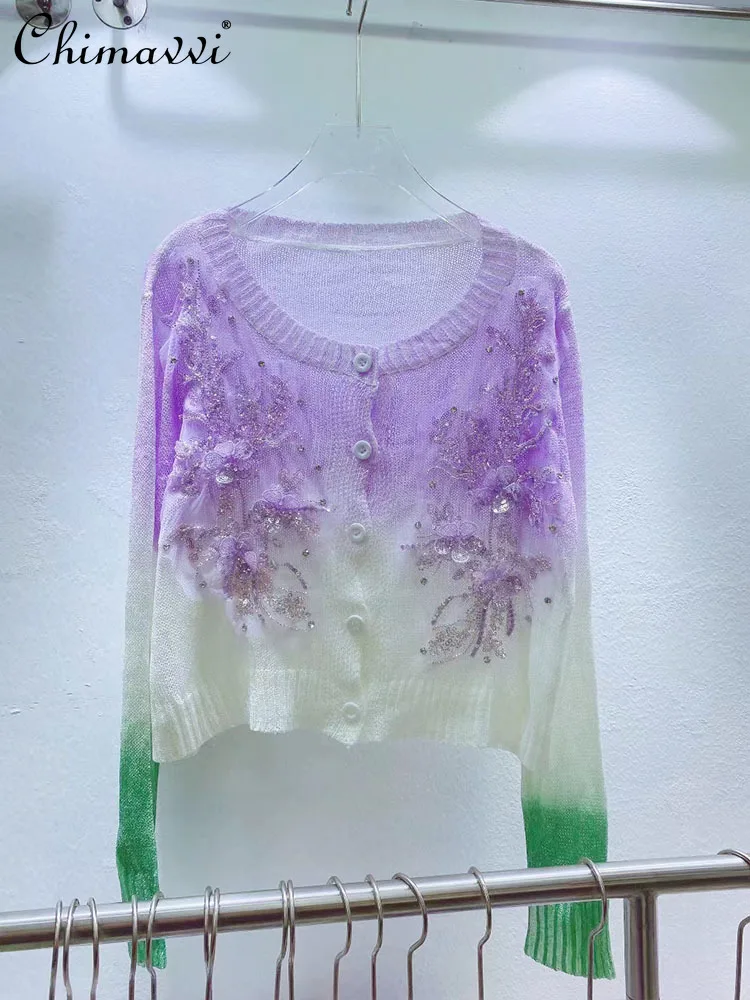 Women's Fashion Fairy O-neck Knitted Cardigan Coat Ladies Autumn Korean Sweet Embroidery Sequins Flower Gradient Color Sweater
Women's Fashion Fairy O-neck Knitted Cardigan Coat Ladies Autumn Korean Sweet Embroidery Sequins Flower Gradient Color Sweater