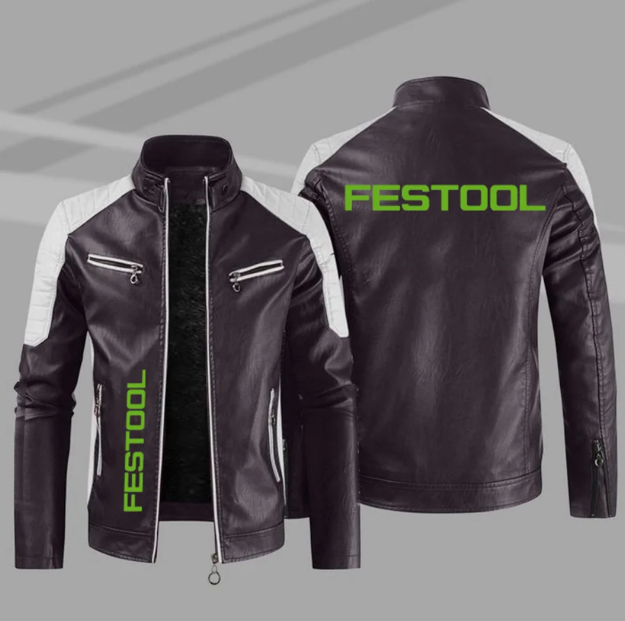 

2022 FESTOOL Logo Men's Motorcycle PU Leather Jacket Winter Casual Vintage Overcoat Biker Bomber Zipper Fleece Jackets Male