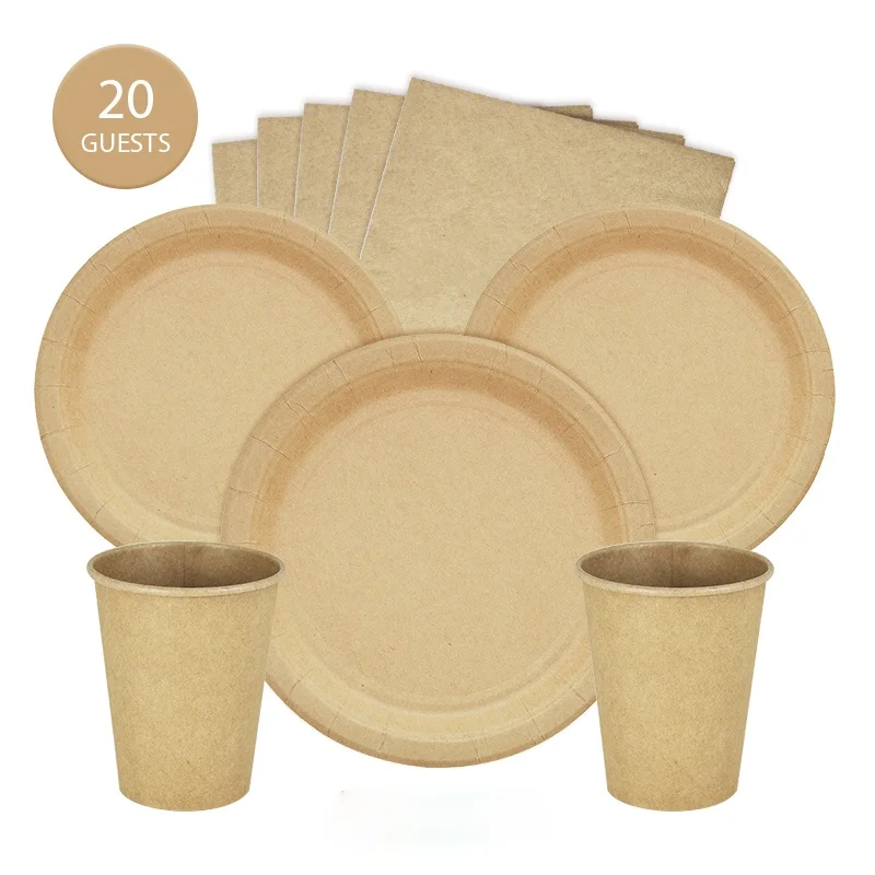 

20Guests Disposable Kraft Paper Tableware Sets Plates Cups Napkins Birthday Party Wedding Decration Supplies Eco-Friendly