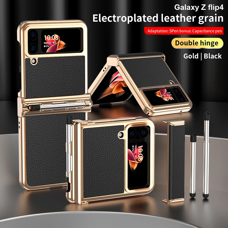 Футляр для Samsung Z Flip 3 4, футляр с двумя петлями и держателем для сенсорных ручек, кожаный чехол с 4 отделениями