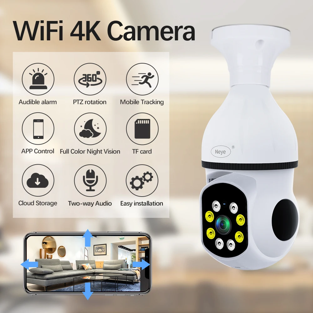 

Indoor 8MP 4K Security 2.4Ghz WiFi Bulb Camera with Motion Detection, Two-Way Audio, Night Vision, Baby/Pet Indoor Monitoring