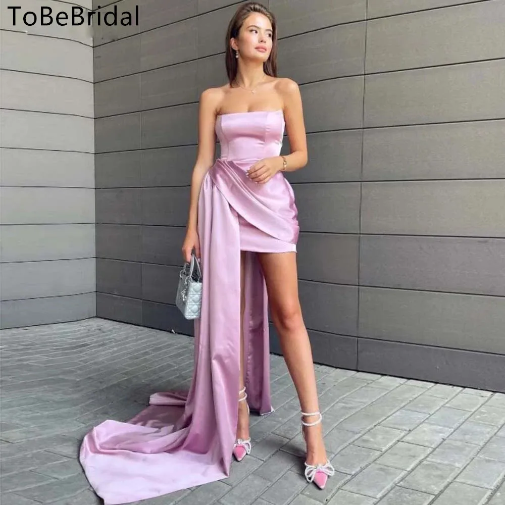 

Сексуальное атласное короткое платье без бретелек для выпускного вечера, модное розовое вечернее мини-платье выше колена с открытой спиной, платье с широким шлейфом для вечевечерние НКИ