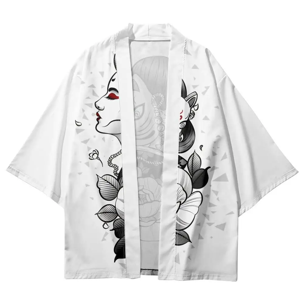 

Кимоно для мужчин и женщин, кардиган с мультяшным цветочным принтом, пляжные шорты, юката, белая японская, в стиле Харадзюку, Повседневная азиатская одежда