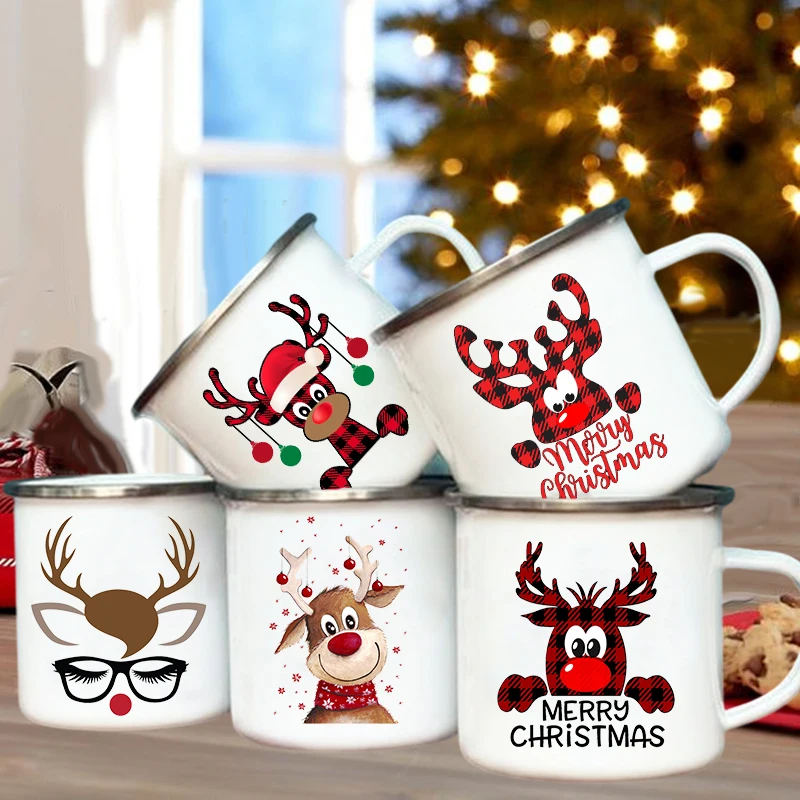 

Merry Christmas Enamel Coffee Wine Cup Deer Print Drink Mug Dessert Hot Cocoa Chocolate Cup Cake Mugs Handle Drinkware Xmas Gift