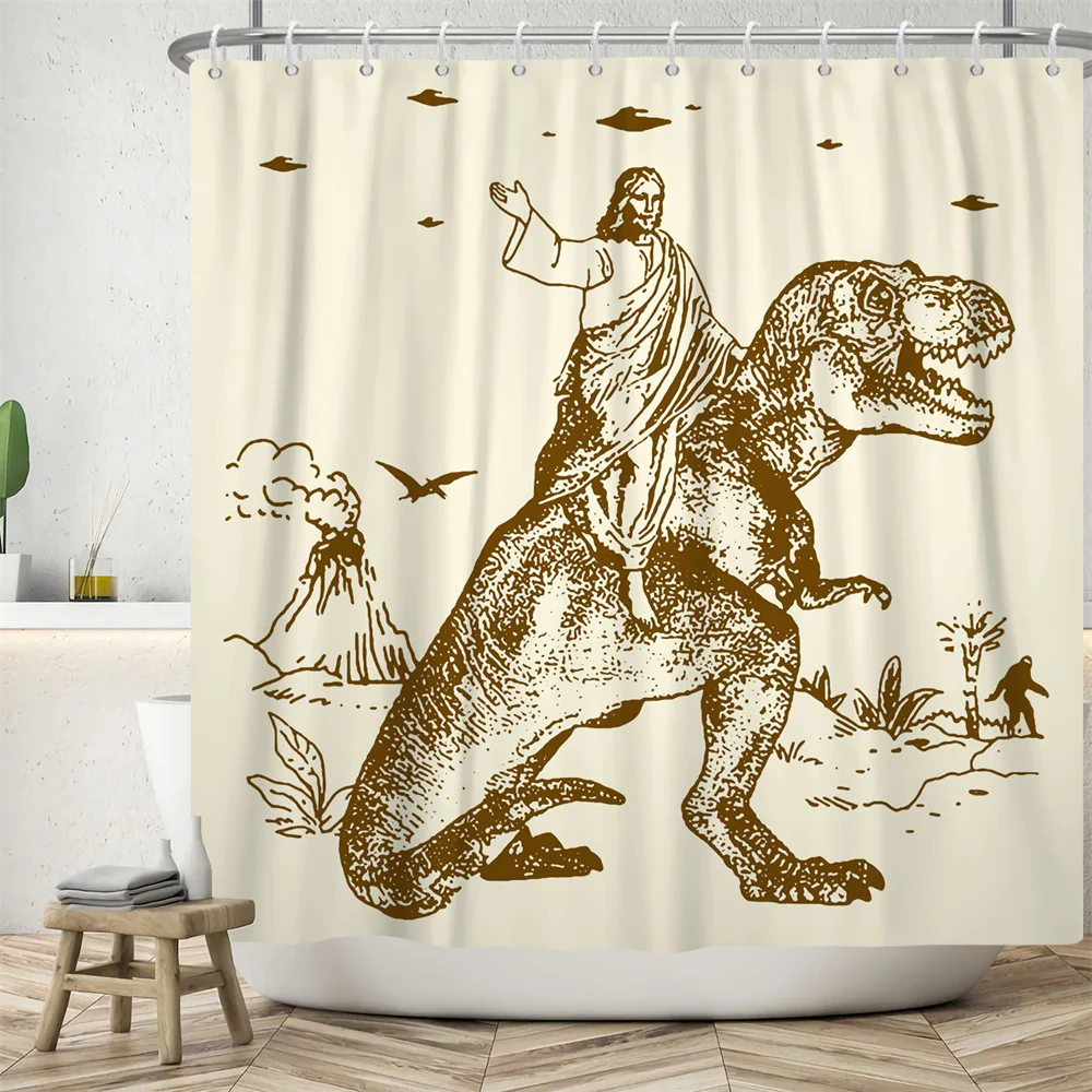 Man with Dinosaur Shower Curtains Polyester Waterproof Bathroom Creative Vintage Personality Decor Bath Curtain Hooks Set 
Man with Dinosaur Shower Curtains Polyester Waterproof Bathroom Creative Vintage Personality Decor Bath Curtain Hooks Set