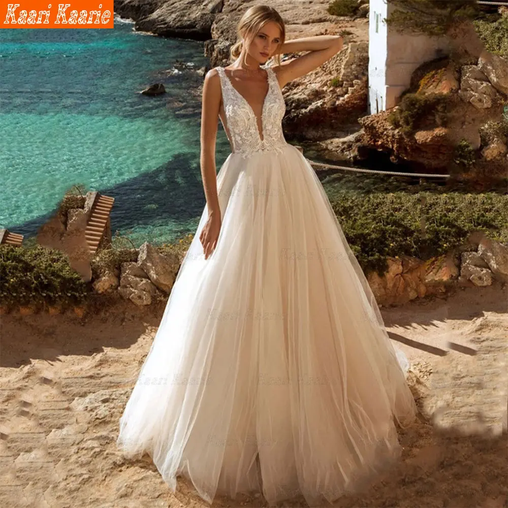 Simple Ivory Wedding Dress Lace Applique Deep V-neck Tulle Perspective Sexy Backless Floor Mopping Evening Dress Vesido De Noiva
Simple Ivory Wedding Dress Lace Applique Deep V-neck Tulle Perspective Sexy Backless Floor Mopping Evening Dress Vesido De Noiva
