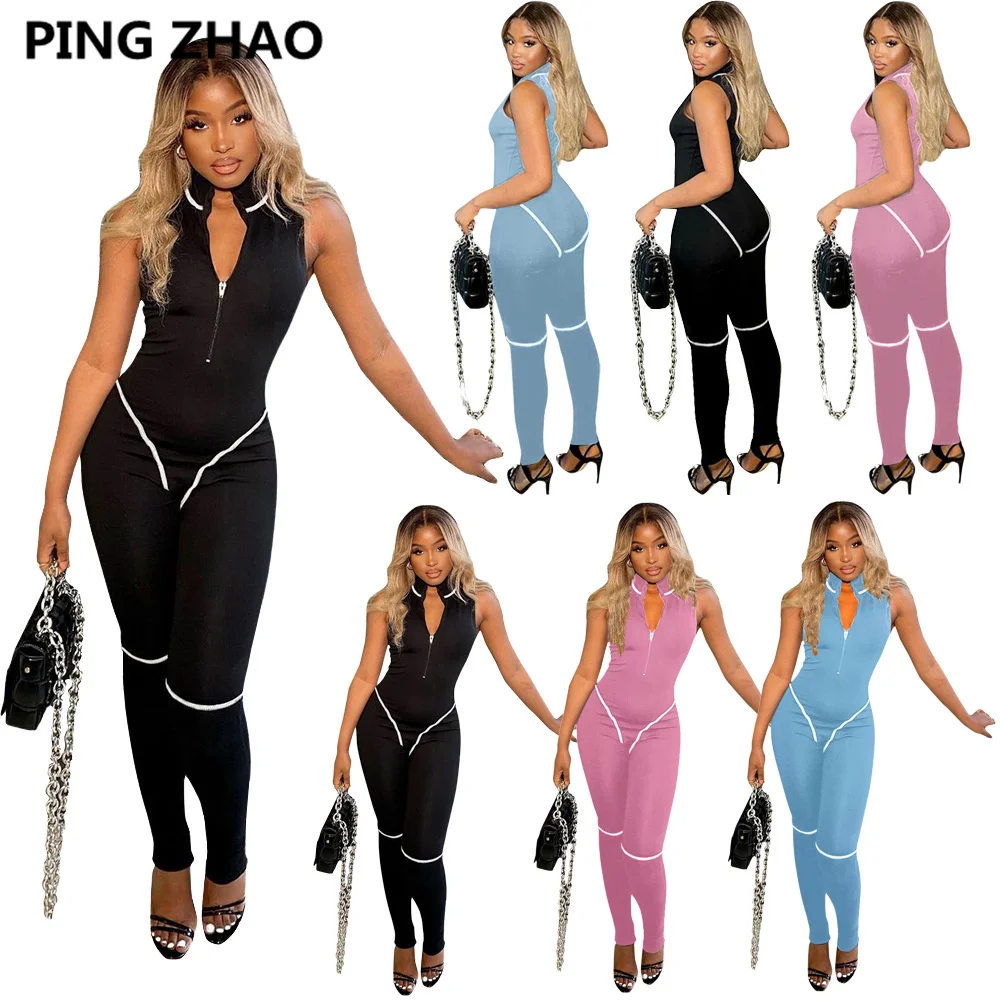 Женский комбинезон на молнии в полоску, без рукавов
Женский комбинезон на молнии в полоску, без рукавов