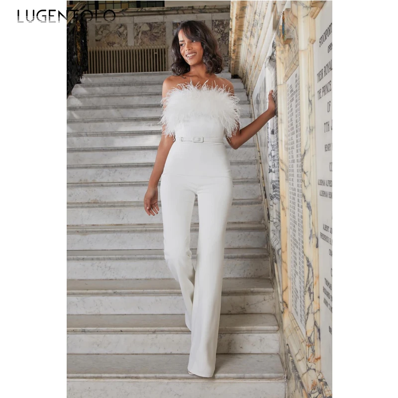 Women Elegant Jumpsuits Sexy Chest Wrap Feather Fashion White Ladies Sping Summe Slim Straight Long Jumpsuit
Women Elegant Jumpsuits Sexy Chest Wrap Feather Fashion White Ladies Sping Summe Slim Straight Long Jumpsuit
