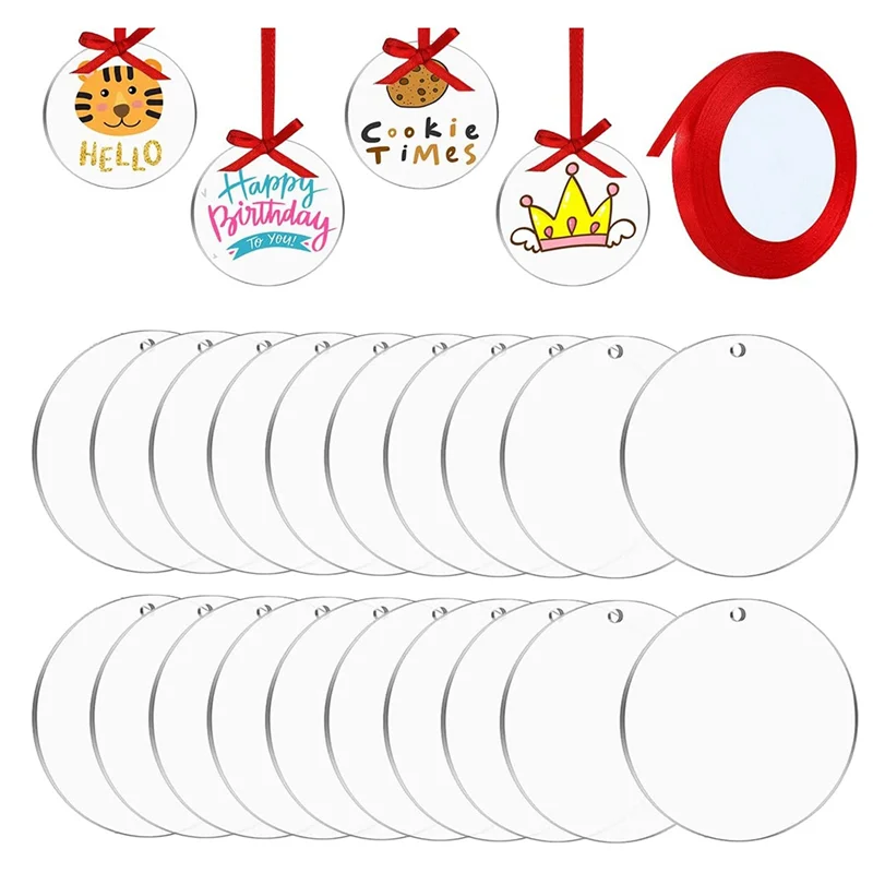 

20 Pieces Acrylic Clear Blanks Transparent Tag Discs Blanks for DIY Crafts Keychain Decoration with Ribbon (4 Inch)