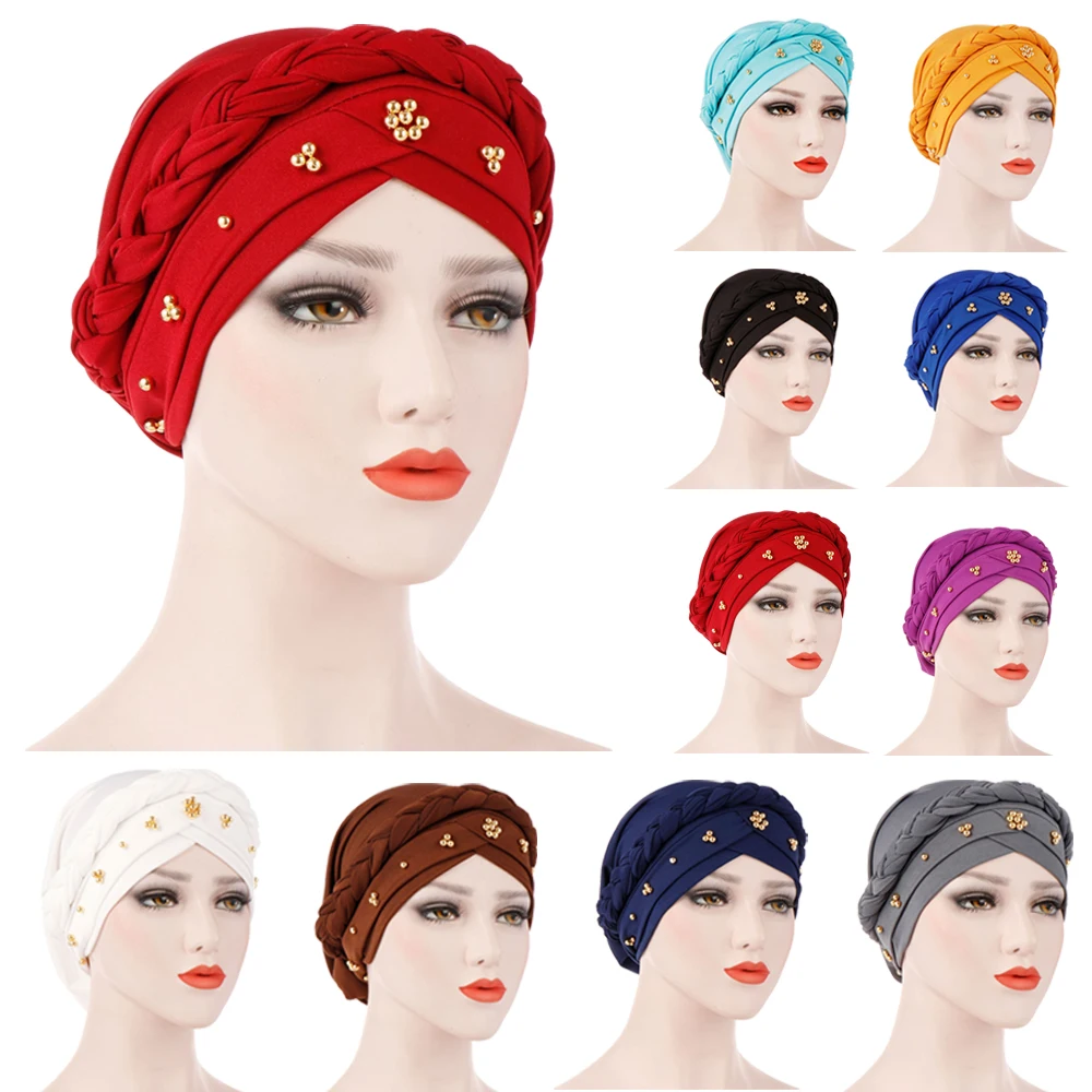 

India Beads Turban Women Muslim Hijab Braid Chemo Cap Hair Loss Headscarf Wrap Wedding Party Skullies Cancer Bonnet Hat Headwear