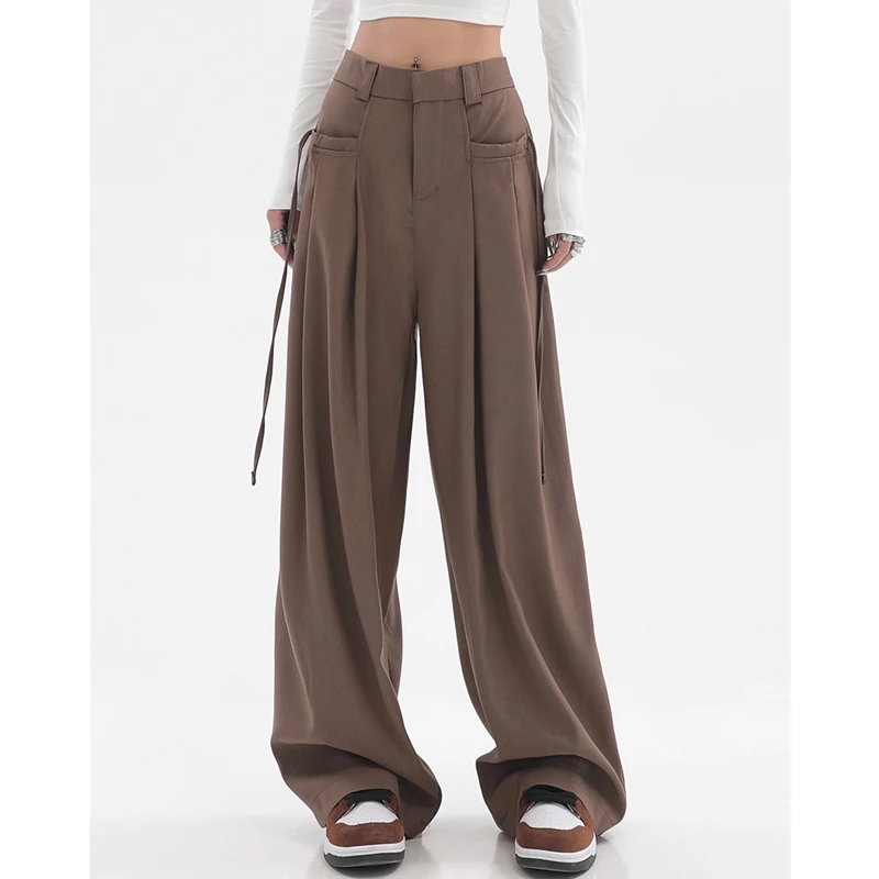 Summer Vintage Women's Clothing Brown Wide Leg Suit Pants Rope Pocket Folds Design High Waist Straight Fashion Casual Trouser
Summer Vintage Women's Clothing Brown Wide Leg Suit Pants Rope Pocket Folds Design High Waist Straight Fashion Casual Trouser