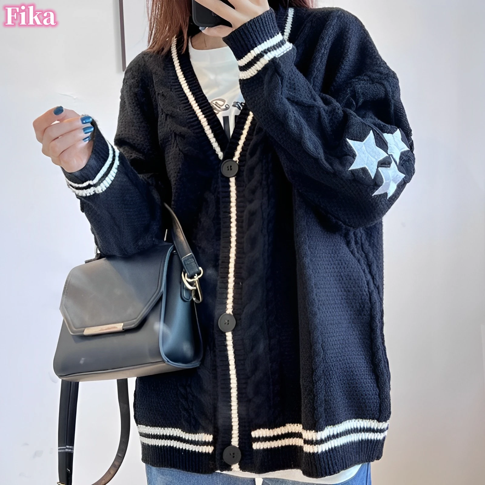 Autumn Women Cardigan Midnight Warm Swift V-neck Knitted Sweaters Loose Tay Women Star Embroidered Cardigan Lor Black Sweater
Autumn Women Cardigan Midnight Warm Swift V-neck Knitted Sweaters Loose Tay Women Star Embroidered Cardigan Lor Black Sweater