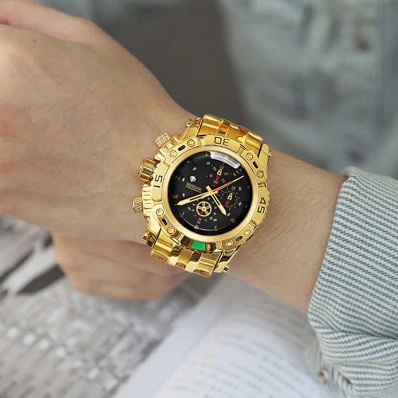 

TEMEITE Original Gold Men Watch Stainless Steel Calendar Waterproof Big Dial Sport Watches Top Brand Luxury Clock Reloj Hombre