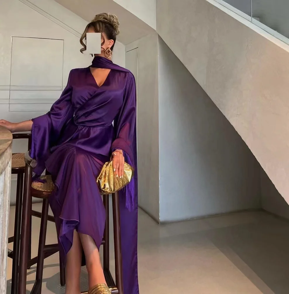 Sayulita Saudi Arabia Women Wear Grape Purple Prom Dresses V Neck Long Sleeves Tassels Evening Party Formal Vestidos Dubai
Sayulita Saudi Arabia Women Wear Grape Purple Prom Dresses V Neck Long Sleeves Tassels Evening Party Formal Vestidos Dubai