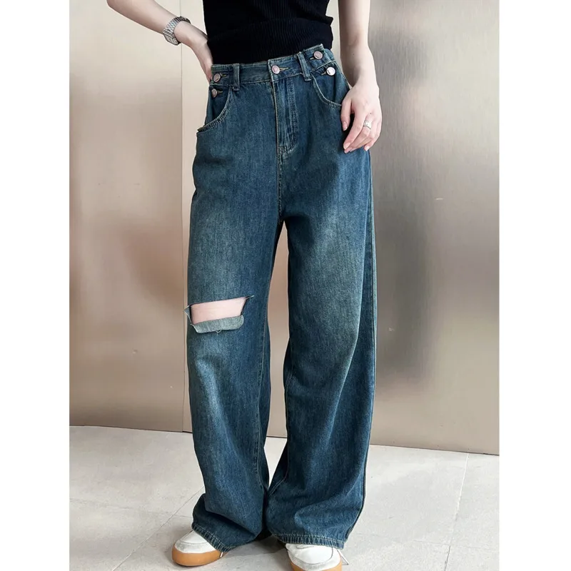 Джинсы женские винтажные с дырками, свободные прямые хлопковые брюки с завышенной талией, с широкими штанинами, в стиле High Street, весна-лето
Джинсы женские винтажные с дырками, свободные прямые хлопковые брюки с завышенной талией, с широкими штанинами, в стиле High Street, весна-лето