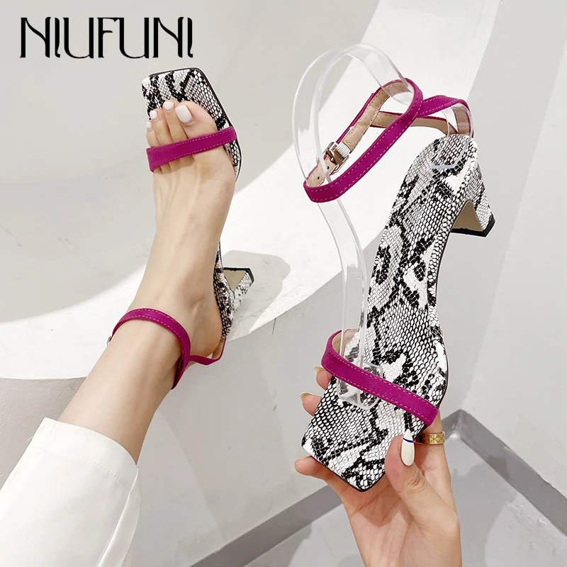 

NIUFUNI New Summer Snake Print Sexy Women's Sandals Thick High Heels Fashion Party Woman Shoes Square Toe Buckle Open Toe Straps