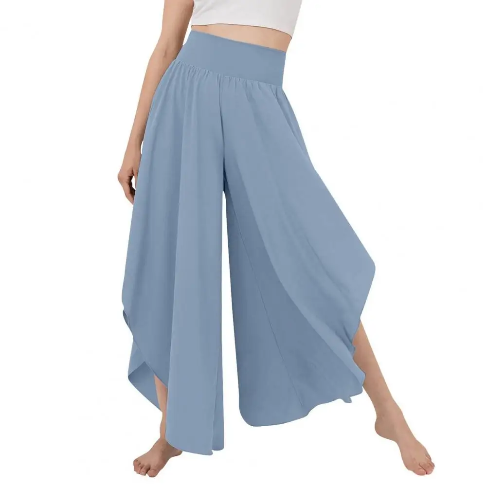 

Women Culottes Skirt Pants High Elastic Waist Loose Irregular Hem Ankle Length Solid Color Deep Crotch Soft Breathable Female Tr