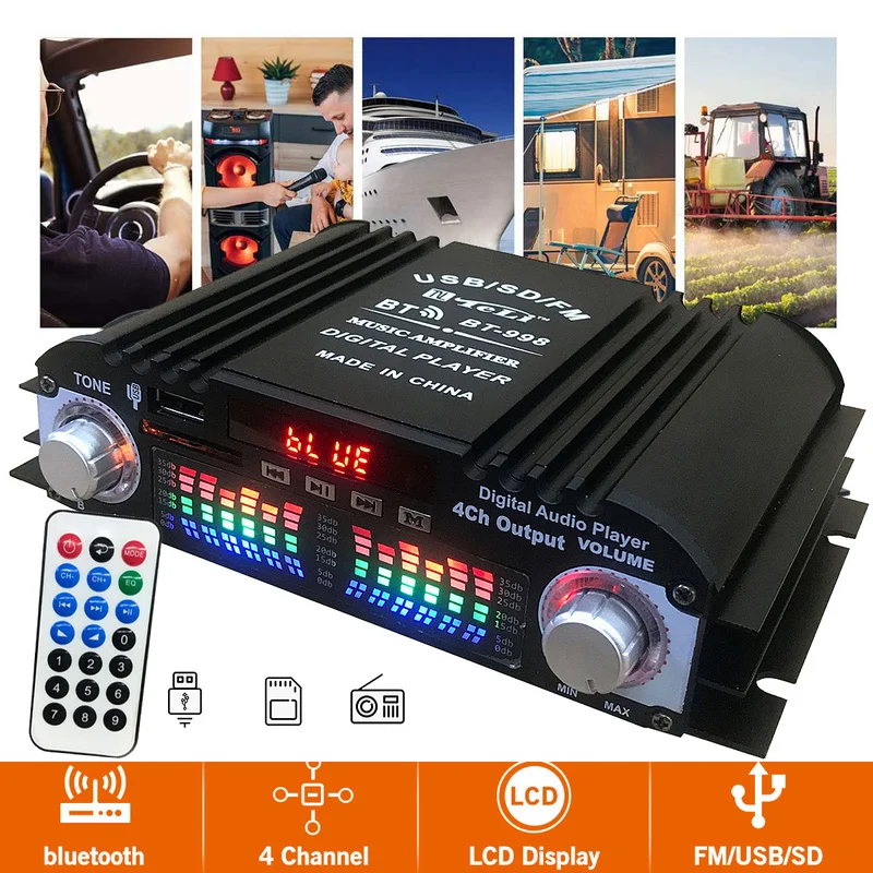 

BT998 Car Home Amplifier 4 Channels Audio Car Speakers Booster Powered Subwoofer Amplificador Bluetooth support FM U Disk