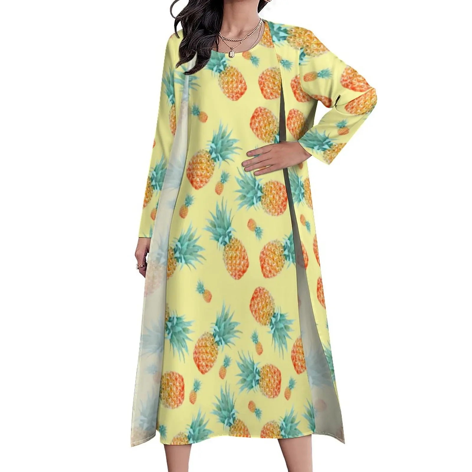 Женское длинное платье с принтом ананасов, Повседневное Платье макси с длинным рукавом и тропическими фруктами, большие размеры 
Женское длинное платье с принтом ананасов, Повседневное Платье макси с длинным рукавом и тропическими фруктами, большие размеры
