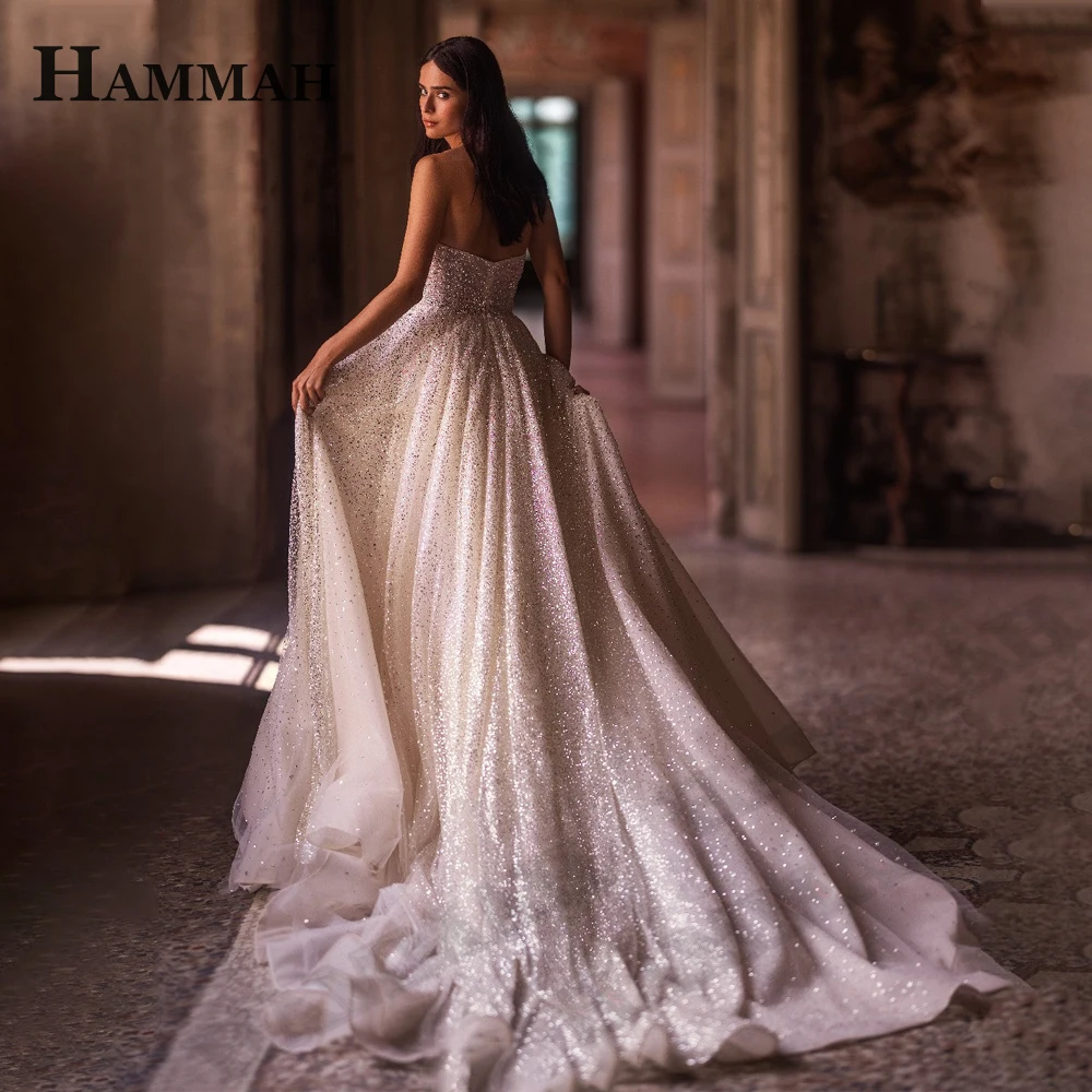 

Блестящие Свадебные платья HAMMAH без бретелек, трапециевидные съемные рукава, с открытой спиной, Тюлевое свадебное платье со шлейфом, сделанное на заказ