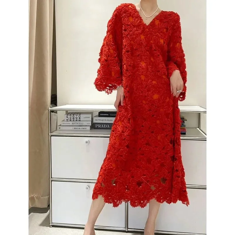 Autumn New Vintage 3D Flower Dress Women's V-Neck Flared Sleeves Loose Lace Hooked Hollow Out A-Line Long Party Dresses Q749
Autumn New Vintage 3D Flower Dress Women's V-Neck Flared Sleeves Loose Lace Hooked Hollow Out A-Line Long Party Dresses Q749