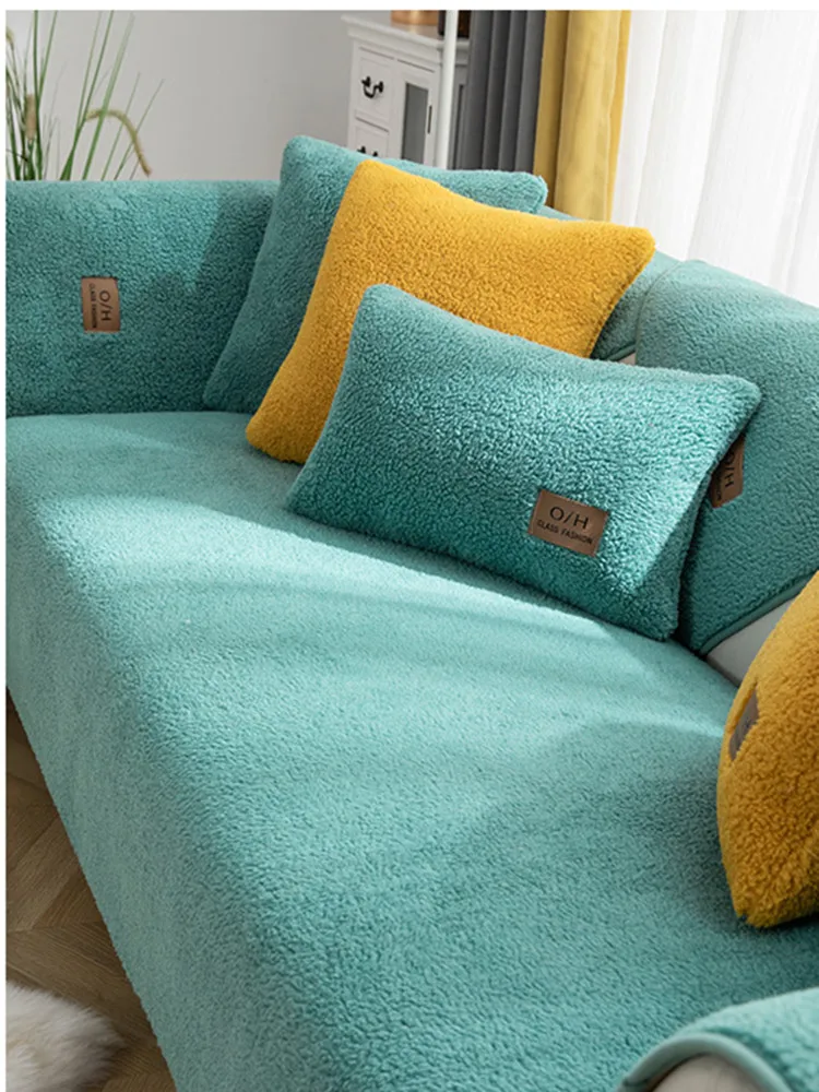 

Modern Solid Color Winter Lamb Wool Sofa Towels Thick Plush Soft Warm Sofa Covers Living Room Anti-slip Couch Cover Sliptowel