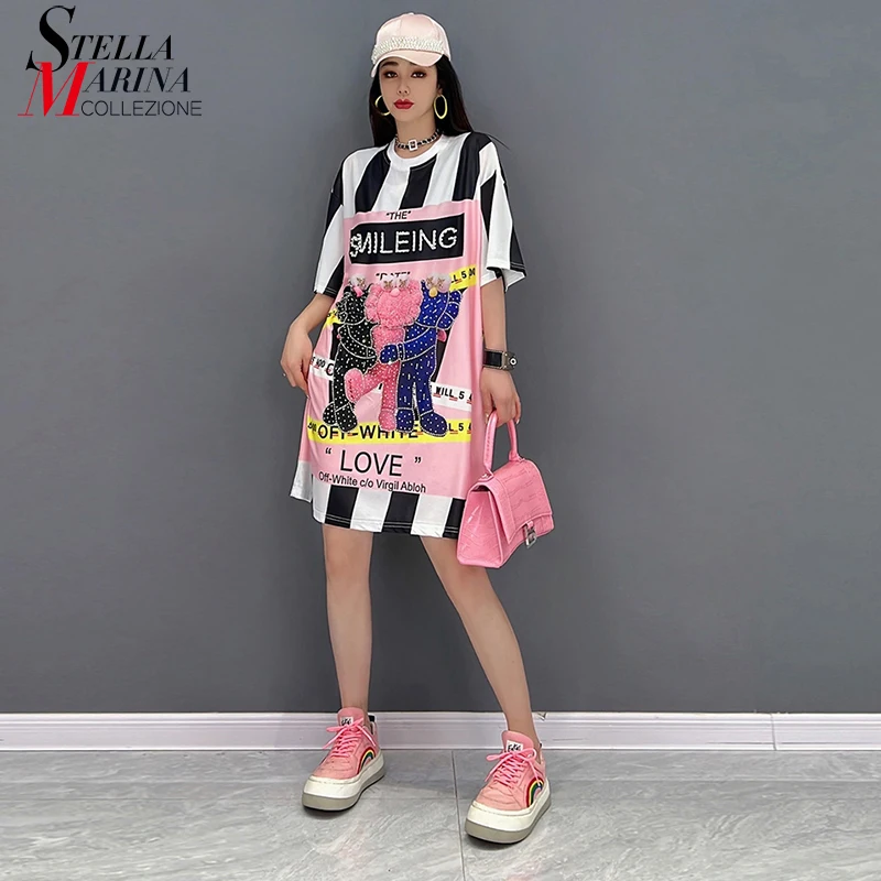 Korean Unique Style Summer Big Size Straight Loose Fit T-shirt Dress Pink Patchwork Striped Holiday Letters Printed Robe APP060
Korean Unique Style Summer Big Size Straight Loose Fit T-shirt Dress Pink Patchwork Striped Holiday Letters Printed Robe APP060