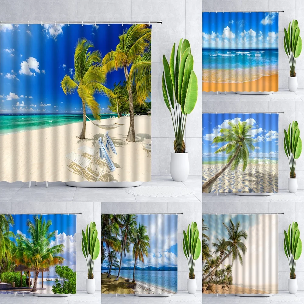 

Ocean Palm Trees Shower Curtain Blue Sea Beach Waves Tropical Island Summer Hawaiian Scenery Polyester Curtains Bathroom Decor