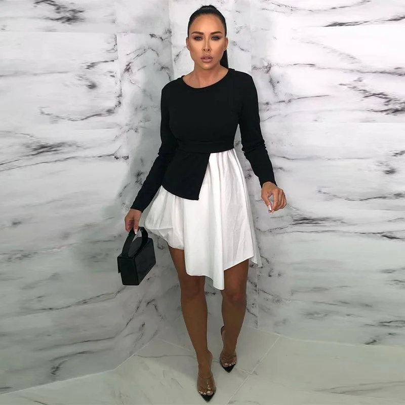 Irregular black and white dichromatic dress with large hem high waist short dress 
Irregular black and white dichromatic dress with large hem high waist short dress