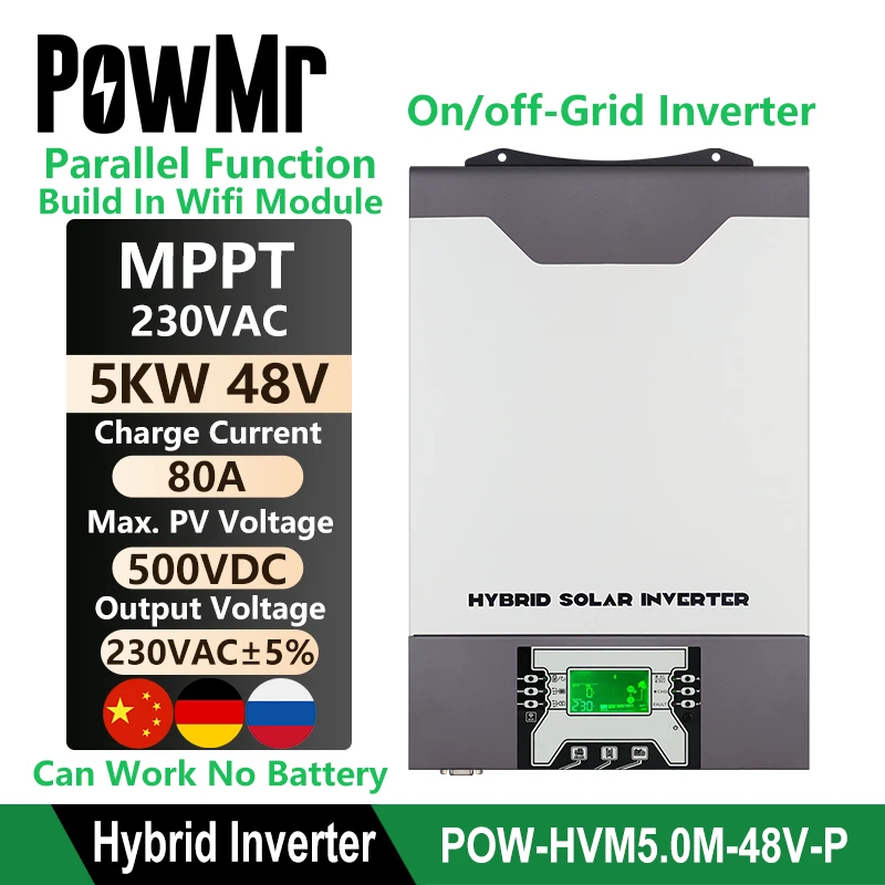 PowMr Pure Sine Inverter 500Vdc 5000W 80A MPPT Parallel Inverter 48V 230VAC Pure Sine Wave Hybrid Inverter With Battery Charger
PowMr Pure Sine Inverter 500Vdc 5000W 80A MPPT Parallel Inverter 48V 230VAC Pure Sine Wave Hybrid Inverter With Battery Charger
