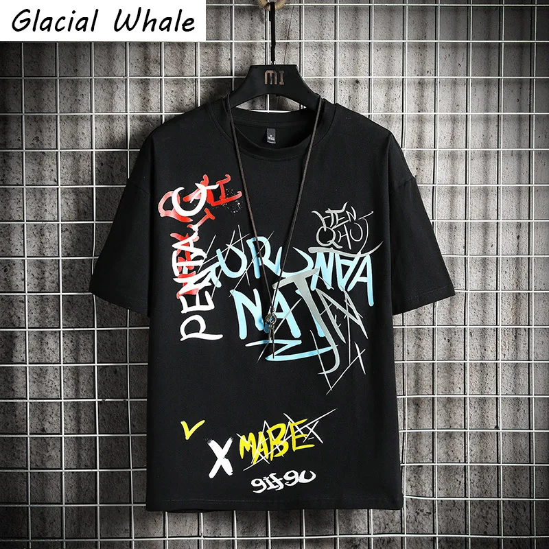 

GlacialWhale Man's Black T-shirt Men 2021 Graffiti Oversized Cotton Hip Hop Japanese Streetwear Harajuku Tshirt Male T Shirt Men