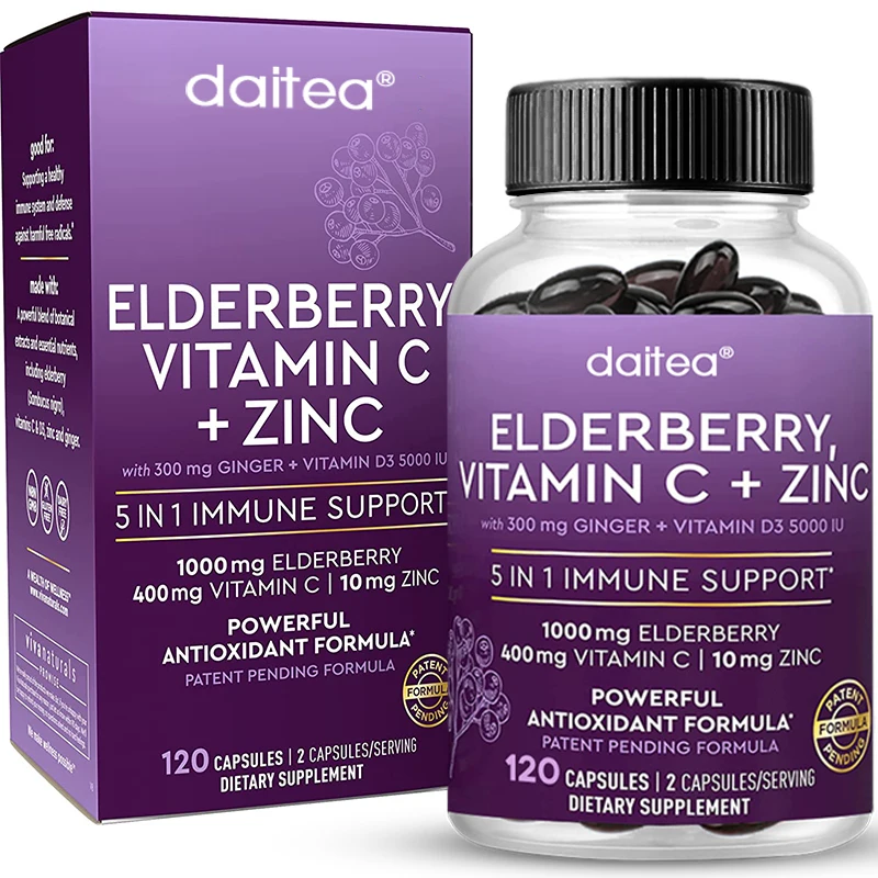 

Elderberry с цинком и витамином C, витамин D3 5000 ме и Имбирная добавка для иммунной поддержки, черные сушеные капсулы Elderberry для взрослых