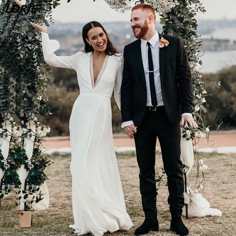 LORIE Sexy Fashion Deep V-Neck Chiffon Women Wedding Dresses Ribbons Long Sleeves Sraight Boho Bridal Gowns vestidos de novia
LORIE Sexy Fashion Deep V-Neck Chiffon Women Wedding Dresses Ribbons Long Sleeves Sraight Boho Bridal Gowns vestidos de novia