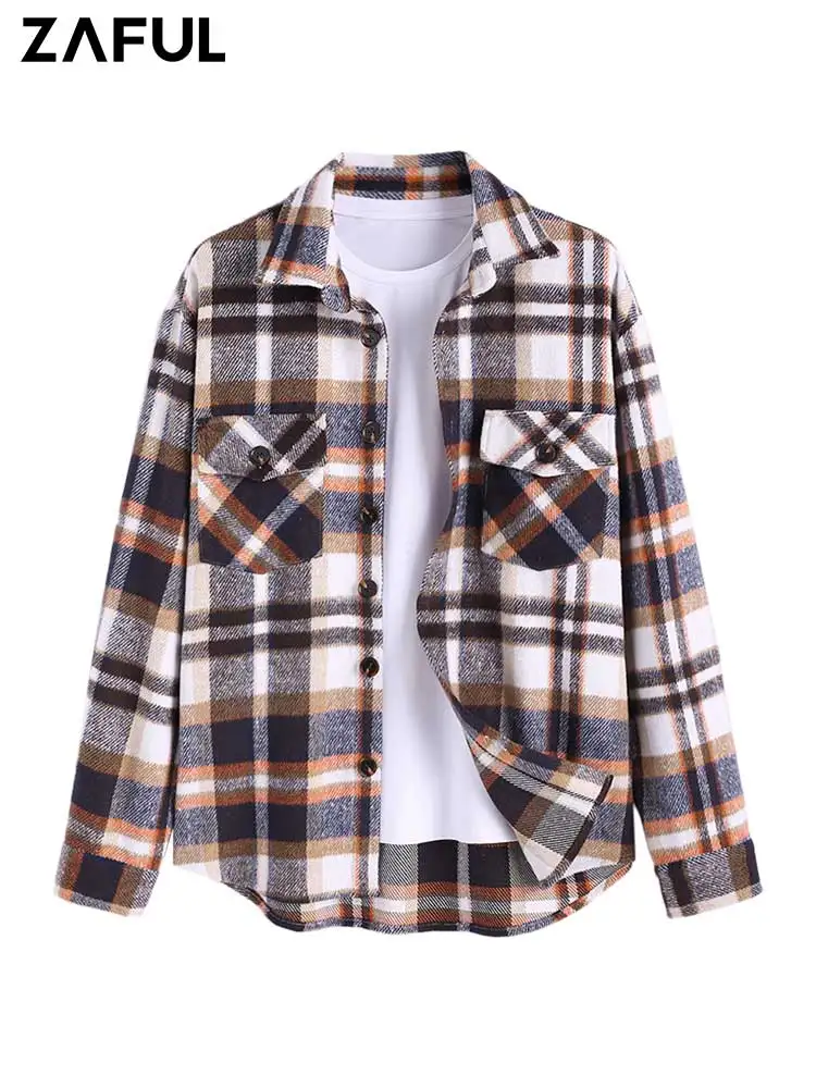 

ZAFUL Plaid Wool Blend Men's Jacket Casual Button Up Long Sleeve Cargo Shacket with Flap Pockets Streetwear Outerwear Z5103646
