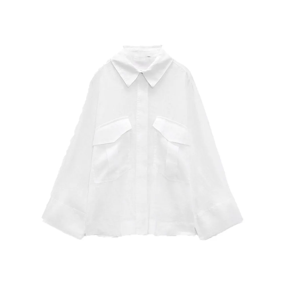 Zach AiIsa summer new women's high-quality temperament lapel long-sleeved casual linen texture pocket decoration loose shirt
Zach AiIsa summer new women's high-quality temperament lapel long-sleeved casual linen texture pocket decoration loose shirt
