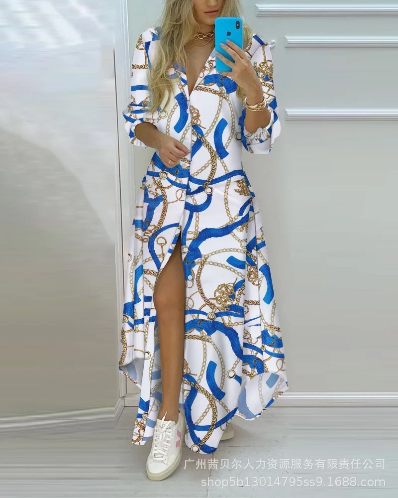 Женское платье-рубашка с принтом цепей, Длинное свободное Повседневное платье до щиколотки с высоким разрезом спереди и пуговицами, весна-л... 
Женское платье-рубашка с принтом цепей, Длинное свободное Повседневное платье до щиколотки с высоким разрезом спереди и пуговицами, весна-л...