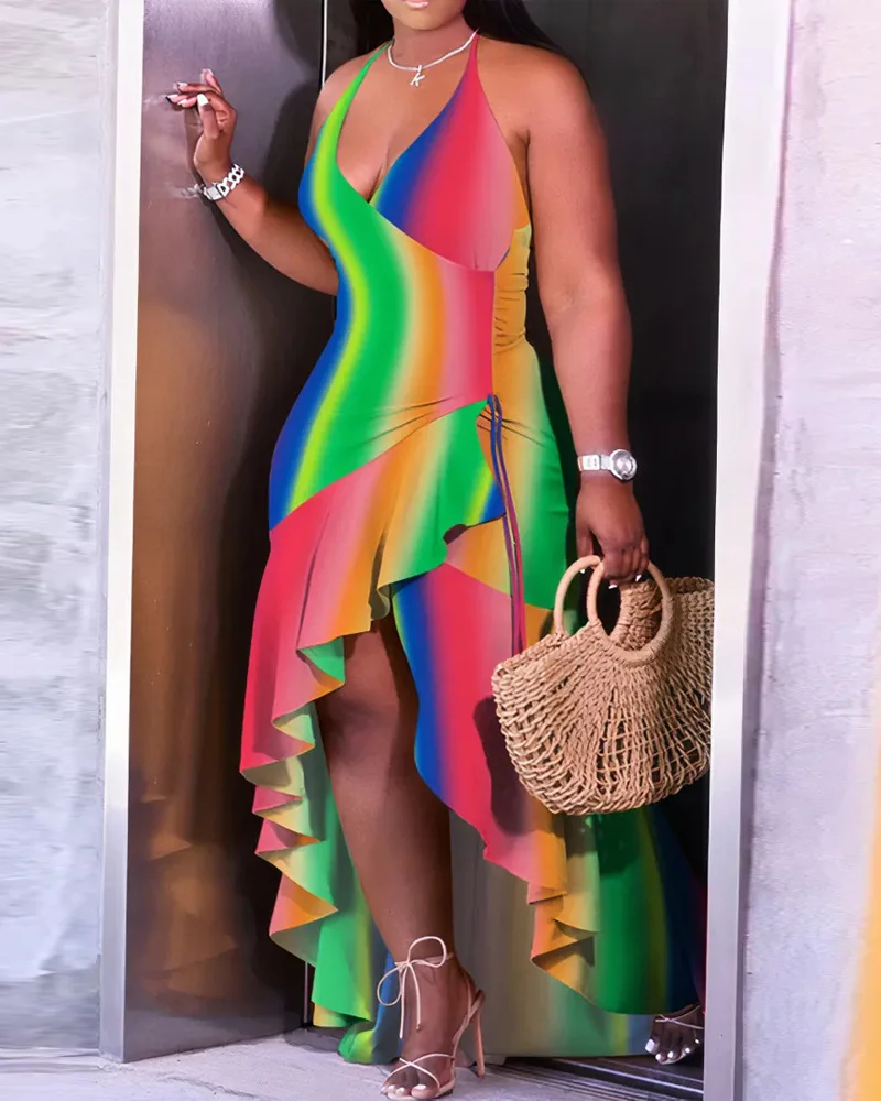 Women Sexy V-Neck Printed Ruffle Irregular Dresses Summer Fashion Backless Lace-up Colorful Printing Halter Dress
Women Sexy V-Neck Printed Ruffle Irregular Dresses Summer Fashion Backless Lace-up Colorful Printing Halter Dress