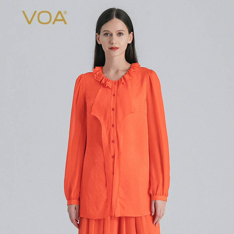 (Fans Exclusive Discount) VOA Orange Jacquard Silk Elegant Ear Trim O-neck Tops Womens Lantern Long Sleeve Shirt Autumn BE1285
(Fans Exclusive Discount) VOA Orange Jacquard Silk Elegant Ear Trim O-neck Tops Womens Lantern Long Sleeve Shirt Autumn BE1285